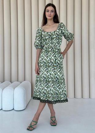 Платье миди женское летнее муслиновое зеленое в цветочный принт 3527-01
