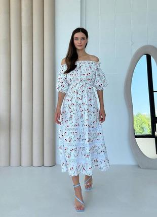 Платье миди женское летнее муслиновое молочное в цветочный принт 3528-01