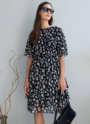 Платье женское короткое шифоновое черное с цветочным принтом 3513-06