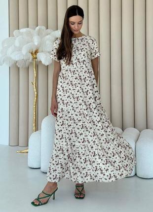 Платье женское летнее длинное штапельное бежевое в цветочный принт 3532-01