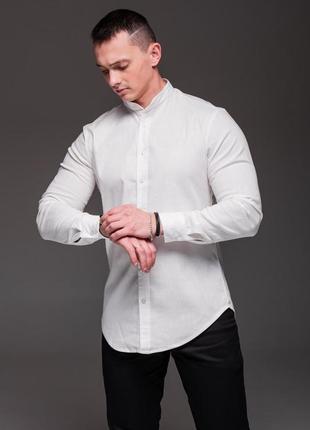 👔 мужская белая рубашка из льна, длинный рукав, воротник стойка2 фото