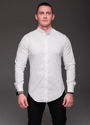 👔 мужская белая рубашка из льна, длинный рукав, воротник стойка6 фото