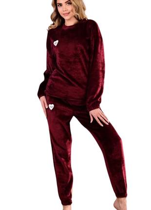 Пижама женская махровая стильная. пижама махра. махровая пижама бордовая s, m3 фото