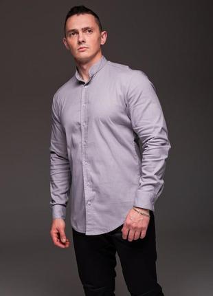 👔 мужская серая рубашка из льна, длинный рукав, воротник стойка2 фото