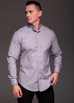👔 мужская серая рубашка из льна, длинный рукав, воротник стойка8 фото