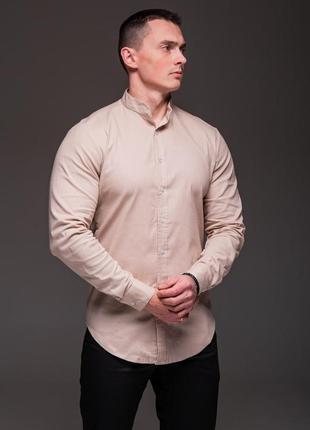 👔 мужская бежевая рубашка из льна, длинный рукав, воротник стойка2 фото
