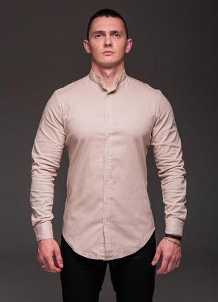 👔 мужская бежевая рубашка из льна, длинный рукав, воротник стойка6 фото