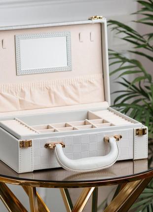 Скринька органайзер для прикрас біжутерії прямокутна 27 х 18.5 х 9 см з дзеркальцем валіза з екошкіри сіра