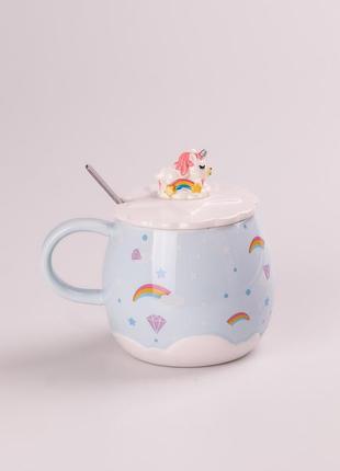 Чашка керамическая rainbow ceramic mug 400ml с крышкой и ложкой кружка для чая с крышкой голубой +