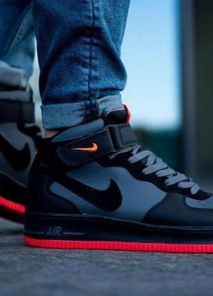 Мужские кроссовки nike air force 1 high black\grey\red (чорно/червоні)