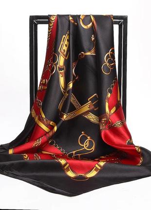 Шелковый платок mosi абстракция с цепочками 90*90 см  красно-черный1 фото