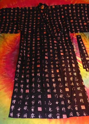 Кимано, кимоно японское, длинные халат хаори, черное винтажное с иероглифами3 фото
