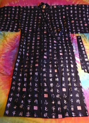 Кимано, кимоно японское, длинные халат хаори, черное винтажное с иероглифами1 фото