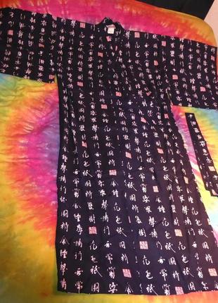 Кимано, кимоно японское, длинные халат хаори, черное винтажное с иероглифами4 фото