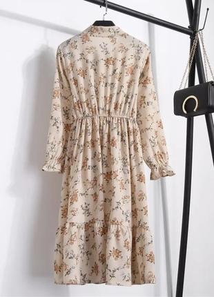 Плаття платье сукня бєжева бежевая в квітковий принт xs s міді миди в стилі ретро вінтаж винтаж2 фото