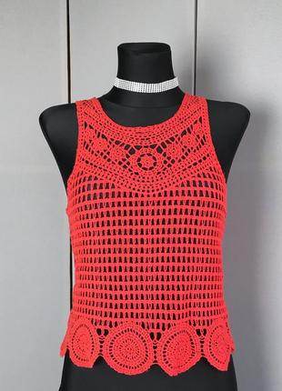 Женская блузка винтаж ретро красная вязаная сеточка топик женский женские кофта хлопок3 фото