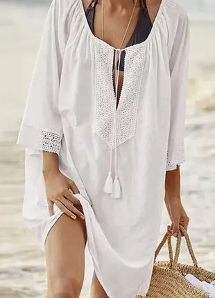 Туника пляжная женская  летняя хлопок парео халат накидка на пляж коттон 146-19це