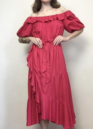 Вискоза+хлопок. яркое современное платье next розовое на лето с открытыми плечами