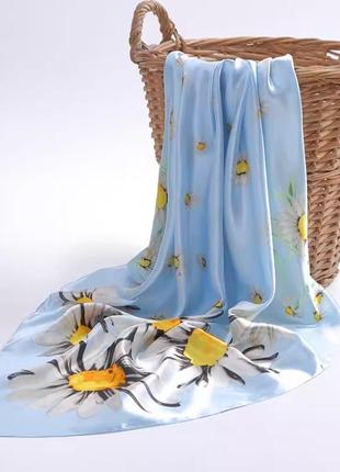 Шелковый платок mosi ромашки 90*90 см  голубой1 фото