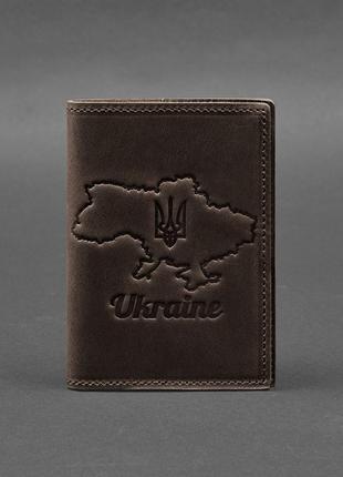 Шкіряна обкладинка для паспорта з картою української темно-коричневої crazy horse