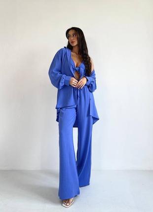 Костюм тройка❤️‍🔥 женский креповый легкий комплект топ + рубашка + широкие брюки оверсайз свободного кроя