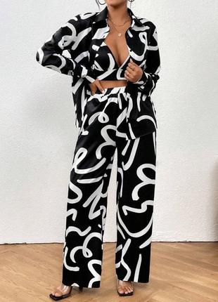Яскравий костюм трійка принтований жіночий комплект сорочка + топ + широкі штани палаццо5 фото