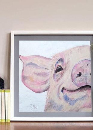 Картина маслом 25х25 см весёлая свинка на белом фоне