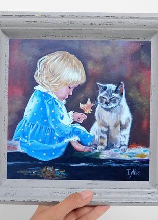 Картина маслом 20х20 см белокурая девочка с котом
