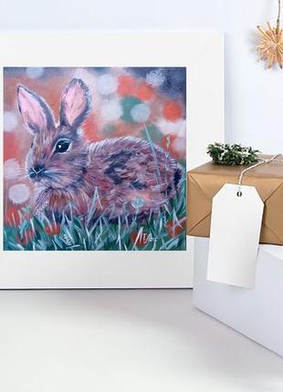Картина олією 20х20 см портрет кролика