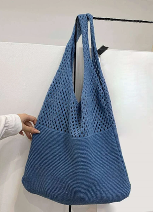 Новая вязаная сумка мешок синего цвета2 фото