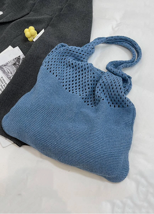Новая вязаная сумка мешок синего цвета3 фото