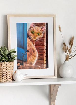 Картина маслом 20х30 см рыжий кот на окне