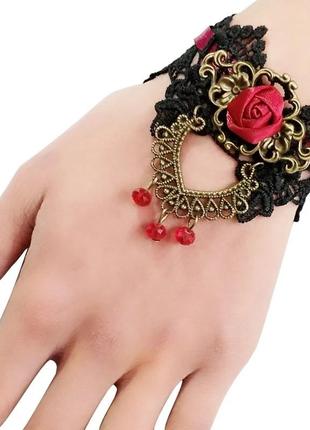 Готический браслет - черное кружево красная роза