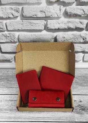 Подарунковий набір dnk leather No4 портмоне + ключниця + обкладинка на права id паспорт 18х10х3,5 см червоний