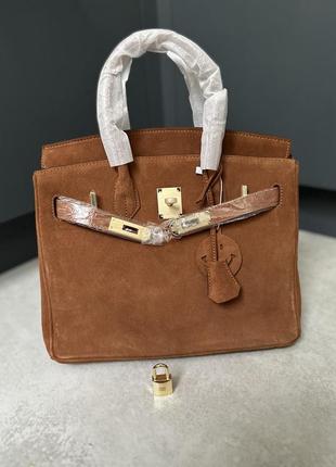 Женская кожаная замшевая коричневая сумка в стиле hermes