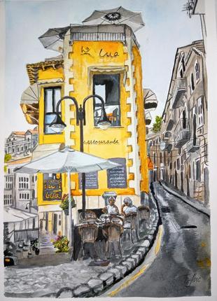 Картина акварель 19х28 см испания. ресторан луа.