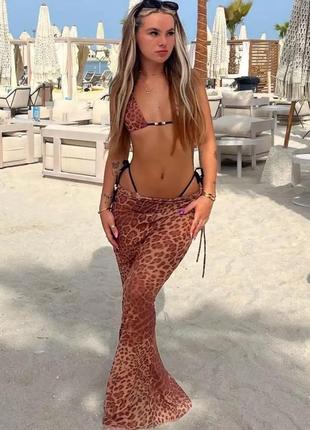 Комплект пляжный,леопардовый,юбка и купальник на пляж