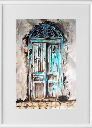 Картина акварель 24х31 см старая синяя дверь
