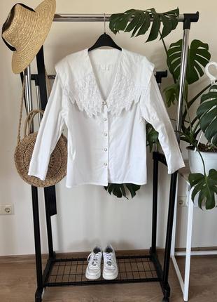 Очаровательная белая блуза рубашка с большим воротничком винтаж кружево