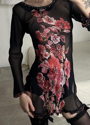 Роскошная мини сукн туника сетчатая с цветками