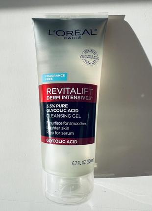 L'oreal, revitalift derm intensives, очищающий гель с 3,5% чистой гликолевой кислотой, без ароматизаторов, 6.7 жидкой унции (200 мл)