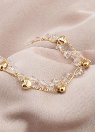 Подвійний браслет жіночий з тонким ланцюжком та камінням / золотий колір