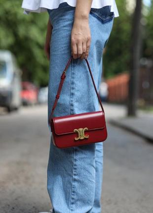 Трендова жіноча молодіжна сумка celine в червоному бордовому кольорі, преміум шкіра натуральна м'яка гладка селін невеликого розміру