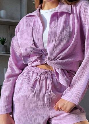 Трендовий літній комплект муслін з натуральної тканини жіночий костюм оверсайз сорочка і шорти