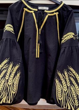 Накладний платіж ❤ турецька оверсайз блуза блузка вишиванка з рукавами ліхтариками і колосками пшениці