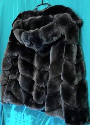 Шуба куртка зимова натуральне хутро шиншила мокрий асфальт графіт с капюшоном