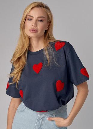 Женская футболка oversize с сердечками - темно-серый цвет, l (есть размеры)