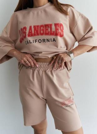 Стильный качественный женский комплект оверсайз футболка и шорты los angeles трендовый костюм калифорния летний2 фото