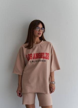 Стильный качественный женский комплект оверсайз футболка и шорты los angeles трендовый костюм калифорния летний5 фото