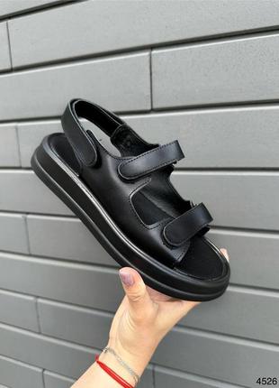 Босоножки женские кожаные черные сандали из натуральной кожи на липучках